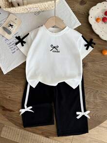 SHEIN 2件套女婴幼儿0-3岁休闲百搭街头风黑色T恤和裤子套装 - 黑色 - 查看 5