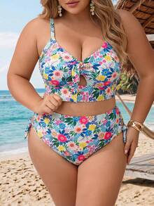 SHEIN CURVE+ 大码女式两件套印花加宽肩带三角比基尼套装，度假沙滩装 - 彩色 - 查看 5