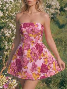 SHEIN Đầm ngắn dáng chữ A không dây vai, chất liệu organza thêu jacquard dành cho nữ, thích hợp dự tiệc, dự tiệc cocktail, đám cưới, đi học, sinh nhật, họp mặt bạn bè, hoặc dự tiệc ngoài trời. - Màu Hồng Tươi - Xem 3