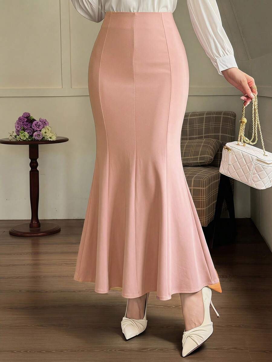 DAZY Women's Elegant Elegant Daily Commute Minimalist Solid Color Fishtail Hem Fitted Skirt - Baby Pink - View 1