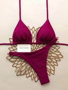 Swim Vcay 2 chiếc/Bộ Bikini áo cúp tam giác dây đeo cổ cho kỳ nghỉ bãi biển, Xuân/Hè - Màu Đỏ Sâu - Xem 3