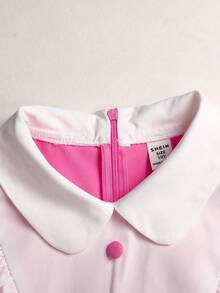 Tween Girl Back To School Dress KIDS Tween Girls Pink Dress, Essential For School Season, Casual Preppy Style, Long Sleeve, Color Block, Exaggerated Ruffle Hem, Soft And Vintage Feel; Double-Breasted Button Decor On Chest, Neat And Exquisite Pink - Pink - View 4