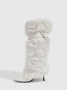 CUCCOO SZL Women's Pointed Toe Buckle Design Faux Fur Fashion High Heel Knee-High Boots - White - View 4