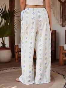 Lullawish Women's Autumn Vacation Shell Print Bow Decor Pajama Bottoms Vacation White Tropical - Multicolor - View 2