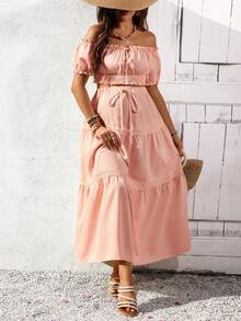 SHEIN Conjunto de 2 piezas de top hombros descubiertos y falda de unicolor simple para maternidad - Rosa - Ver 6