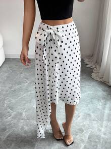 Modelyn Women's Polka Dot Tie Waist Casual Versatile Date Night Skirt - White - View 4