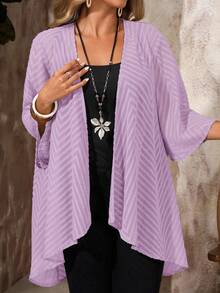 EMERY ROSE Plus Size Women Loose Casual Purple Hollow-Out Lace Summer Jacket - Mauve Purple - View 4