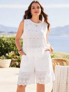EMERY ROSE Plus-Size Women's Vacation-Style Openwork Embroidered Vest And Shorts Casual Two Pieces Set Vacation Outfits Women - White - View 3