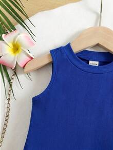 SHEIN 2pcs Baby Girl Knitted Solid Color Round Neck Casual Vest And Woven Geometric Pattern Casual Pants Set - Blue - View 3