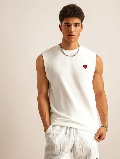 NORVETH Men's Casual Loose Fit Tank Top, White, Plain, Heart Decor, Summer