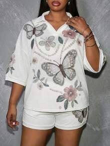 Slaydiva White Summer Fairycore Vacation Plus Size 2-Piece Set,Women's Hollow Knit Striped V-Neck Short Sleeve Loose T-Shirt Top & Fitted Shorts Outing - White - View 7
