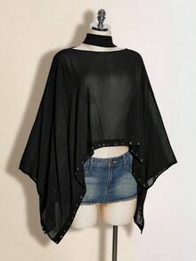 SHEIN ICON 女士棕色西部度假风性感休闲纯色不对称领口喇叭袖铆钉装饰宽松薄纱衬衫，春夏款 - 黑色 - 查看 4