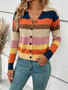 SHEIN Frenchy Cárdigan ligero de rayas tejidas de colores minimalista y casual para mujer, de estilo versátil adecuado para primavera/verano, uso diario, citas, fiestas, playa, graduación, moda, elegante, casual, salidas, citas, viajes, vacaciones, Y2K - Multicolor - Ver 4
