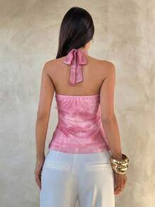 Aloruh Women's Elegant Multi-Layer Ruffle Trim Stand Collar Fitted Tank Top,Summer Top - Pink - View 2
