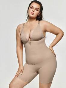 SHAPORA Shorts moldeadores de unicolor con espalda cruzada para mujeres de talla grande - Caqui - Ver 3