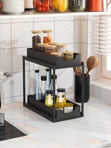 1 Piece, Water Basin Storage Rack, Storage Shelf, Double-Layer Water Basin Storage Rack, Adjustable Height, Sliding Metal Cabinet Storage Rack, Pull-Out Cabinet Storage Drawer Rack, Suitable For Kitchens And Bathrooms, Black. - Multicolor - View 6