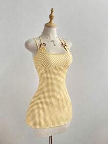 Elamini Women's Minimalist Solid Plaid Print 2 In 1 Mini Dress - Pale Yellow - View 5