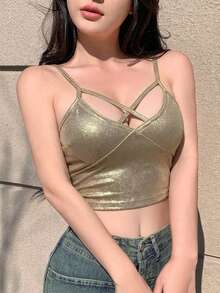 DAZY 女士金色镂空系带露脐上衣，优雅修身70年代风格，适合夜间外出、派对、夏季音乐节、情人节、婚礼、休闲度假等场合。 - 金色 - 查看 6