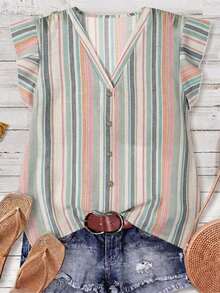 SHEIN LUNE 女款休閒V領條紋襯衫，簡約適合夏季，女款夏季服飾 - 彩色 - 查看 5