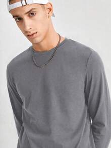 SWAVVY Men's Casual Solid Color Long Sleeve T-Shirt, Minimalist Versatile For Daily Wear, Spring/Autumn - Dark Grey - View 6