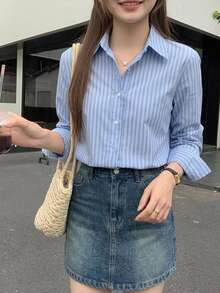 DAZY Women's Fitted Short Striped Long Sleeve Shirt, Blue, Spring/Autumn,Fall Women Clothes Crop Women Tops - Blue - View 8