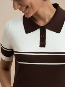 Nima Coro Brown And White Contrast Collar Preppy Classic Everyday Teacher Elementary Spring/Summer Women Short Sleeve Fitted Knit Dress Back-To-School - Coffee Brown - View 6