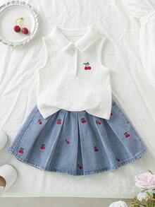Genkimix Kids 两件套甜美樱桃刺绣女童套装，红色荷叶边无袖上衣搭配浅蓝色牛仔裙，饰有3D樱桃和蝴蝶结刺绣，面料柔软亲肤，适合夏季日常穿着、外出、派对等场合，展现活力俏皮的风格。 - 白色 - 查看 2