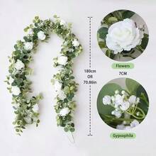 1 pieza/2 piezas, Guirnalda artificial de 6 pies de eucalipto con flores de rosa de seda falsa, hojas de eucalipto con semillas y follaje verde para arco de boda, mesa, pared, fondo, fiesta, habitación, decoración del hogar, dormitorio, baño, cocina - Blanco - Ver 3