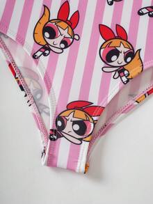THE POWERPUFF GIRLS X SHEIN Bộ đồ bơi liền thân in hình hoạt hình kẻ sọc dành cho bé gái - Màu Hồng baby - Xem 5