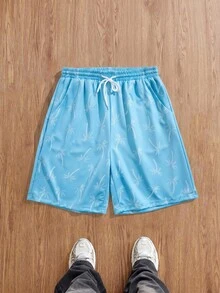 ROMWE MEN Street Life 青少年男童印花抽绳休闲短裤，夏季 - 藍色 - 查看 3