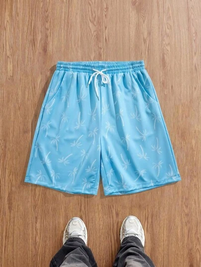 ROMWE MEN Street Life Quần short nam tuổi teen in họa tiết toàn thân, có dây rút, kiểu dáng thường ngày, thích hợp cho mùa hè.