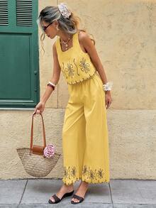 Set de 2 piezas con top con estampado floral y pantalones de pierna ancha, uso diario casual para mujer - Amarillo - Ver 5
