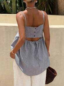 Livesso Áo camisole nữ kẻ sọc, hở lưng, cài nút, kiểu dáng thường ngày. - Xám - Xem 4