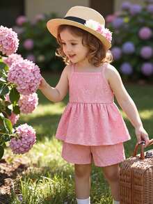 SHEIN Vintaside Kids 2件套女婴幼儿/新生儿0-3岁休闲可爱度假粉色针织镂空吊带背心+短裤套装，春夏款 - 粉色 - 查看 2
