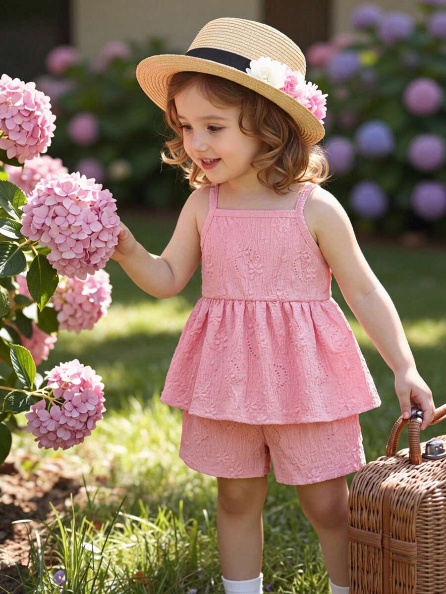 SHEIN Vintaside Kids 2件套女婴幼儿/新生儿0-3岁休闲可爱度假粉色针织镂空吊带背心+短裤套装，春夏款