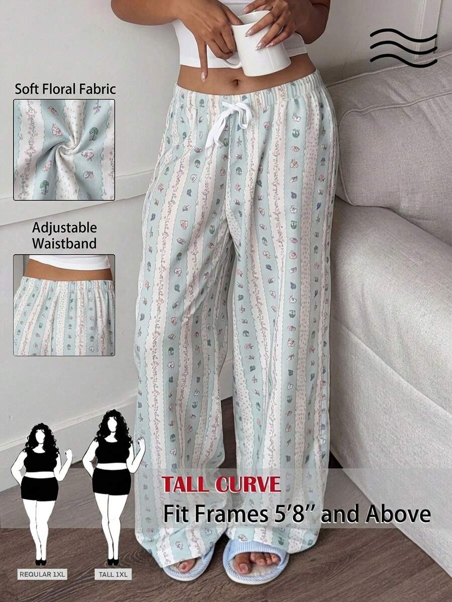 SHEIN Tall CURVE 大码休闲条纹花卉卡通印花裤 - 淺藍色 - 查看 1