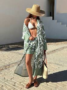 EURMUSE Women's White Paisley Print Kimono, High Waist Shorts, And Tank Top Set – Long Sleeve Autumn Three Pieces Outfit Golf Sexy - Green - View 3