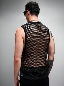 Zorclune 男士夏季纯色网眼圆领性感背心，男士网眼上衣，男士网眼背心 - 黑色 - 查看 2