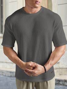 Manfinity RebelGame Loose Fit Men's Letter Patched Waffle Knit T-Shirt - Dark Grey - View 3