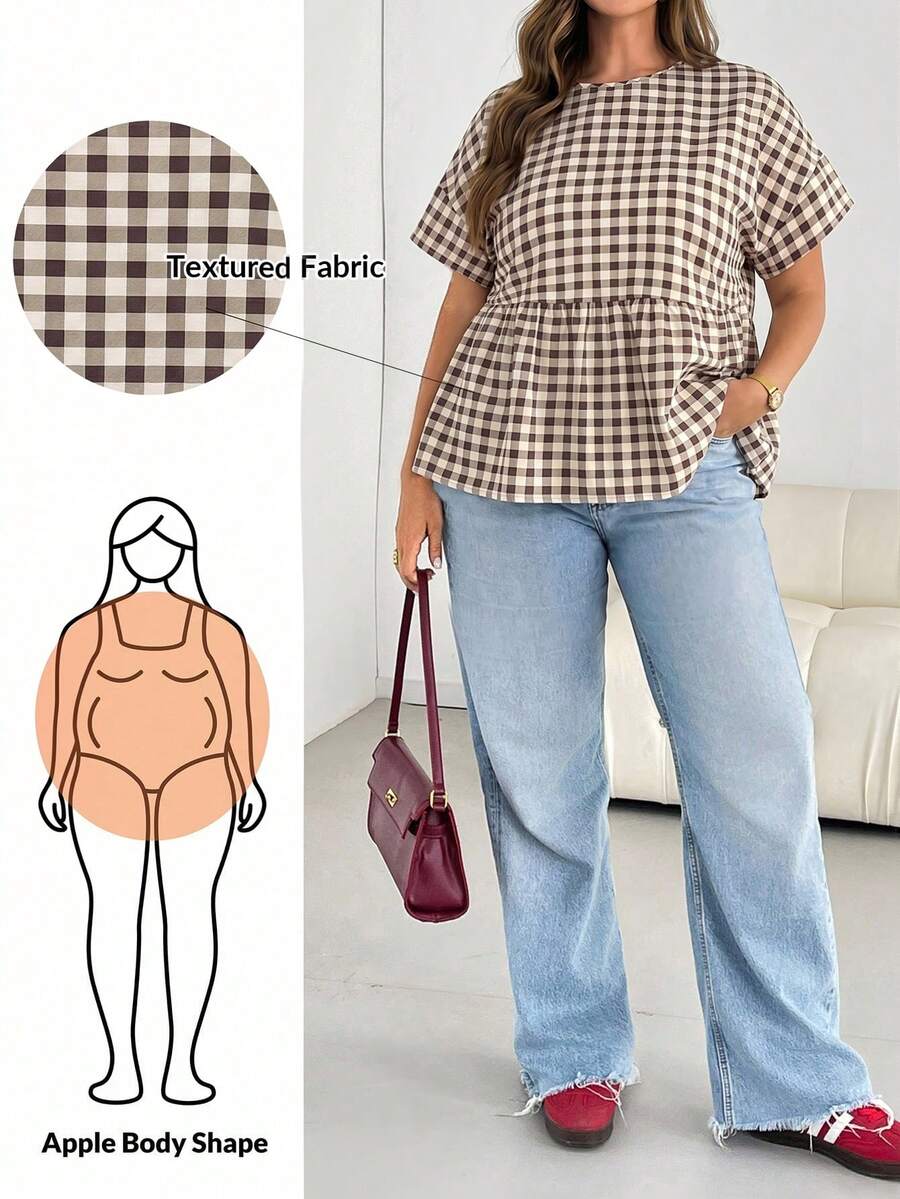 Shapeblank 大码格子简约休闲短袖衬衫 - 棕色 - 查看 1