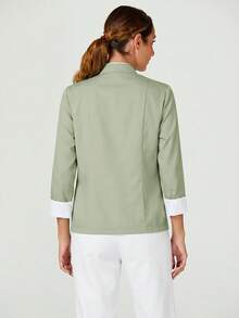TaskEZ Women's Contrast Color Button-Up Collar Long Sleeve Work Uniform Chef Jacket In 3- 4th Sleeve For Women - Mint Green - View 2