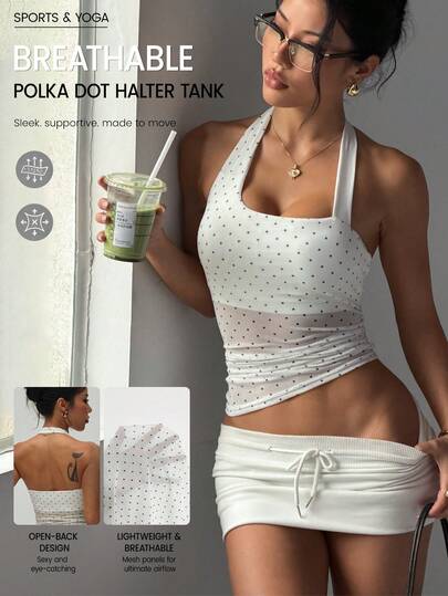 SHEIN Dewbera Women's Sports T-Shirt With Polka Dot Spaghetti Strap Strap, Yoga Tank Top For Outdoor Running, Sexy Sleeveless Vest For Summer