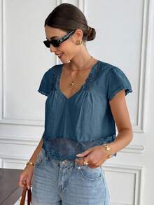Nuevo 2026 Blusa suelta de unicolor con contraste de encaje y lazo en la espalda para mujer - Azul - Ver 4