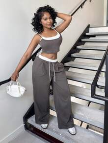 Alexandranx Women's Fashion 2 Pieces Set, Contrasting Color Splice 2 In 1 Cami Top & Pants, Suitable For Spring & Summer Casual Wear,Summer Sets - Dark Grey - View 1