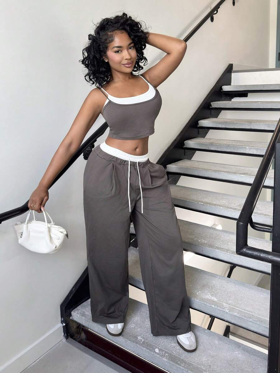Alexandranx Women's Fashion 2 Pieces Set, Contrasting Color Splice 2 In 1 Cami Top & Pants, Suitable For Spring & Summer Casual Wear,Summer Sets - Dark Grey - View 1