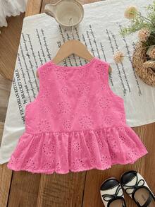 LMoss Kids Young Girl Woven Solid Color Openwork Embroidered Casual Shirt - Hot Pink - View 2