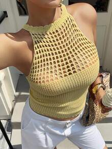 Dazy Plus Plus Size Women's Solid Color Hollow Out Cropped Spaghetti Strap Sleeveless Knit Casual Vacation Sweater Vest, Brown Gym Summer - Pale Yellow - View 6