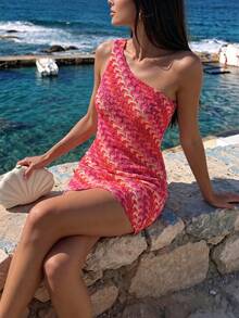 SHEIN Holidaya Women's Spring/Summer Asymmetric Shoulder Colorful Hollow Lace Short Fashion Vacation Sexy Dress, Suitable For Outdoor Activities, Vacation And Casual Fashion Skirt, Fashion Casual Vacation Elegant Dress, Summer Dress, Party Dress, Beach Vacation Dress - Multicolor - View 5
