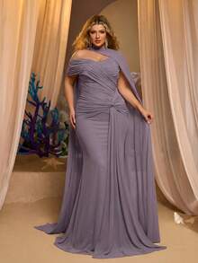 Glamrae Gaun Pesta Malam Formal Musim Dingin Ukuran Besar Warna Ungu, Gaun Pengantin Berpayet Ekor Ikan Asimetris Tanpa Tali dengan Detail Jala dan Lipatan Samping, Model Berkerut, dan Berpilin yang Elegan - Dusty Purple - View 1