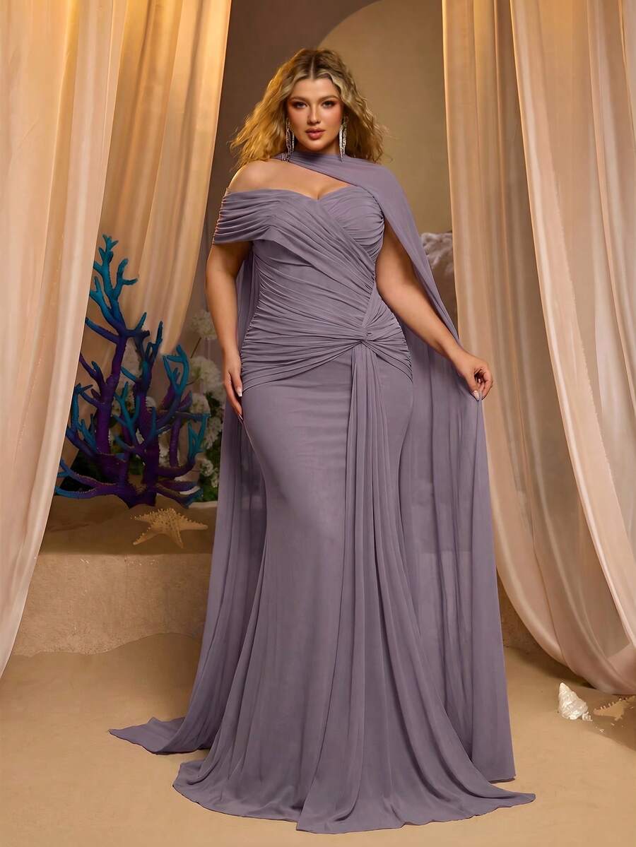Glamrae Gaun Pesta Malam Formal Musim Dingin Ukuran Besar Warna Ungu, Gaun Pengantin Berpayet Ekor Ikan Asimetris Tanpa Tali dengan Detail Jala dan Lipatan Samping, Model Berkerut, dan Berpilin yang Elegan - Dusty Purple - View 1